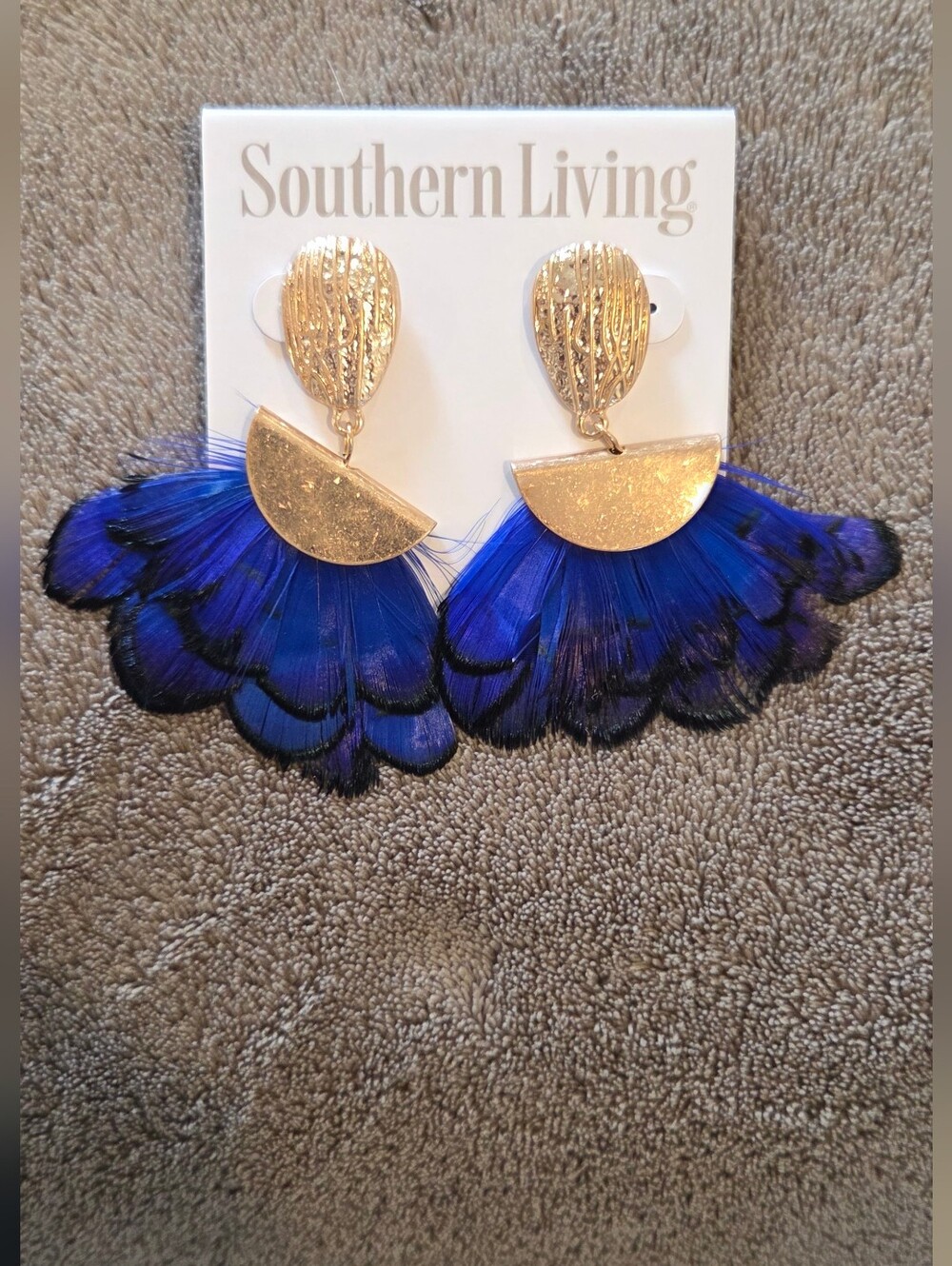 Southern Living Royal Blue and Gold Feather Fan Drop Earrings